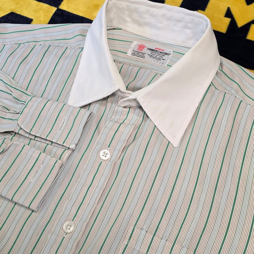 Turnbull & Asser Made in England Striped Dress Shirt White Contrast Collar Mono
